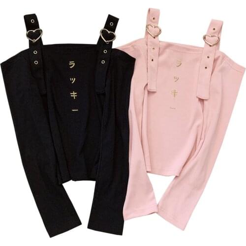 Japanese Harajuku Women Gothic Crop Top Slash Neck Off Shoulder Black Pink Cotton Tee Heart Straps Punk Style Embroidery T-Shirt