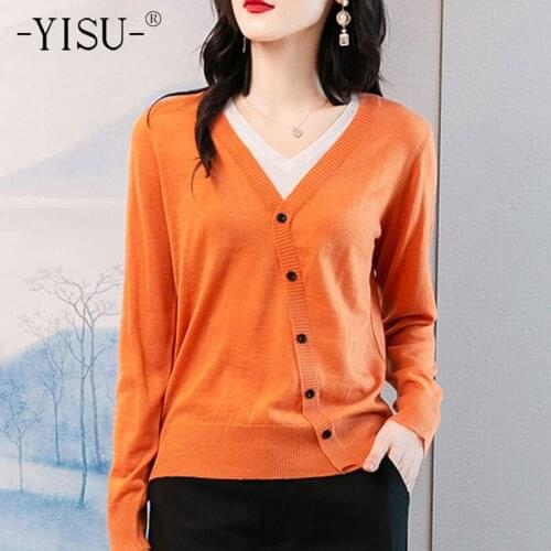 YISU Autumn Women Sweater V-Neck Casual Jumper Long sleeve Fake two-piece Knitted pullover Fashion Womens clothing 2021 New