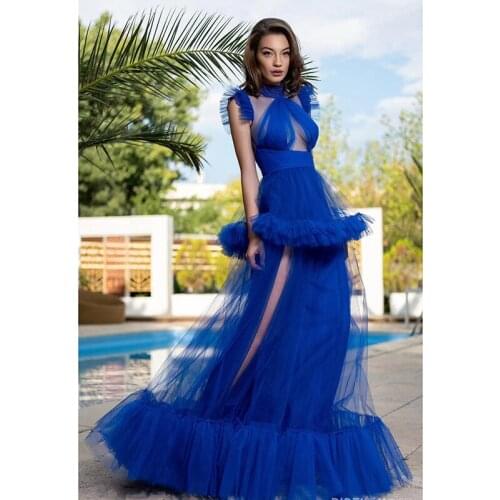 2021 Fashion Blue Beading Sexy Sleeveless Mesh Cascading Ruffles Celebrity Party Women Long Dress Wedding Elegant Vestidos LF267