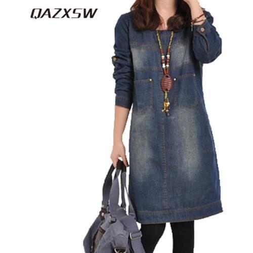 2019 New Spring Dress Autumn Fashion Vintage Round Collar Long Sleeve Pocket Denim Dress Loose Large Size Women Dresses HB501