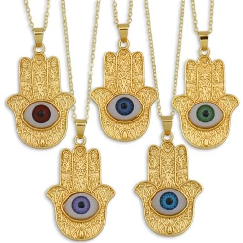 Gold Wide Fatima Hand Evil Eye Pendant Necklace Women CZ Copper Cubic Zirconia Filled Classic Jewelry Gift main de fatma