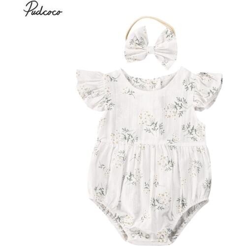 2PCS Toddler Kids Baby Girl Clothes Floral Jumpsuit Summer Sleeveless Bodysuit Sunsuit Outfits Headband