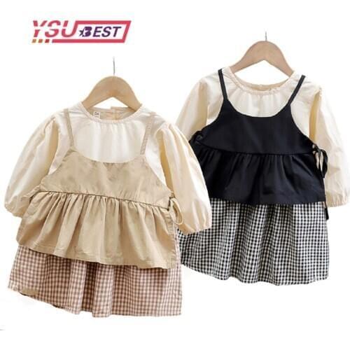 Girls Clothes Dresses Sets Grid Baby Toddler Kids Outfits Stylish Summer T-Shirt +Dress 2pcs Children Clothes Girls Casual Dress