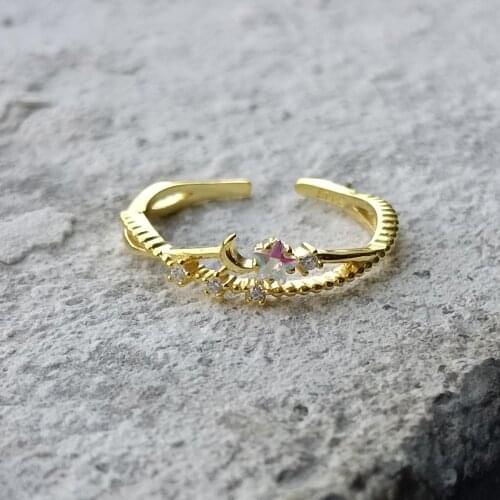 Aide 925 Sterling Silver Colored Diamonds Moon Flower Opening Rings For Women Luxury Delicate Bear Charm Resizable Rings Jewelry