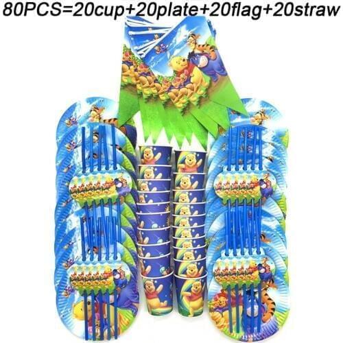 For 20 People Disney Winnie The Pooh Birthday Party Supplies Tableware Set Plate Cup Flag/Banners Straws Baby Shower Party Decor