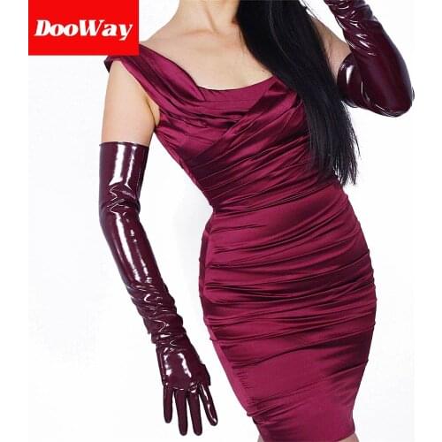 DooWay Women Opera Leather Gloves Shine Wet Look 24 inches Faux Patent Leather PU for Evening Costume Dance Pageant Dark Oxblood
