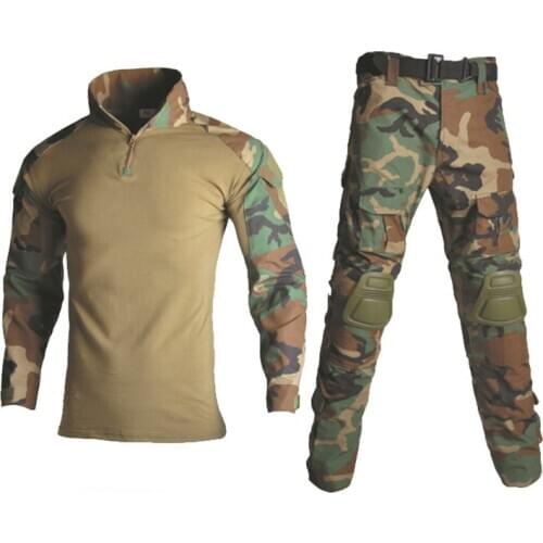 Woodland Camouflage Hunting Clothes Military Uniform Tactical Frog Set Combat Suit Airsoft Sniper Shirt + Pants Knee Elbow Pads