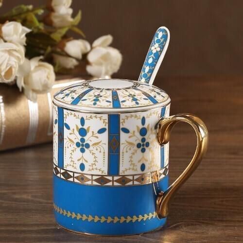 Classic Painted gold Porcelain coffee Mug Creative Ceramic Coffee Cup Large Capacity Water Cup European tea mug Cup with spoon