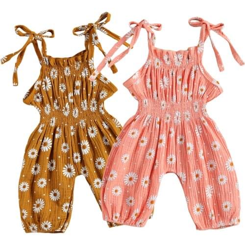 2021 Kids Baby Girl’s Girls Sleeveless Daisy Print Romper Cotton Linen Jumpsuit Fashion Romper Jumpsuit for Kids Girls