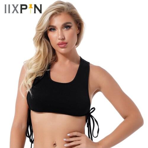Womens Pure Color Crop Tops Round Neck Sleeveless Fashion Vest Racer Back Straps Self Tie Sides Closure Tank Top For Party Club