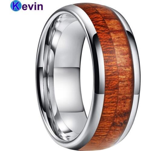 Men Women Tungsten Inlay Ring Wedding Band With Koa Wood Inlay Dome Band 6MM 8MM Comfort Fit