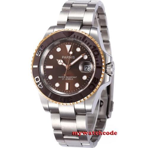 41mm Parnis brown dial golden case Sapphire glass Ceramic bezel miyota automatic mens watch