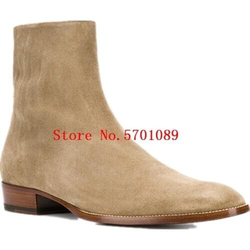 Man Handmade Chelsea Boots Side Zip Suede London British Rock Roll Martin Ankle Boots Pull On Fashion Shoes