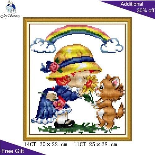 Joy Sunday Happy Moment KB113 14CT 11CT Counted and Stamped Rainbow Girl Dog And Flower Home Decor Needlework Cross Stitch kits