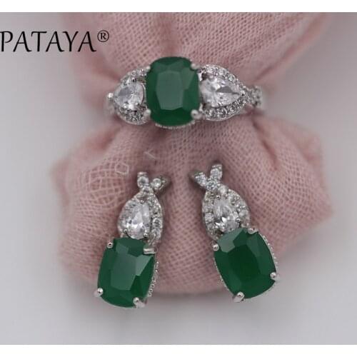 PATAYA Trendy Jewelry Sets True White Gold Green Natural Cubic Zirconia Ring Earrings Set Bride Wedding Decoration Fine Jewelry