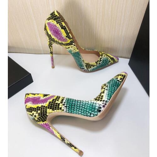 Sexy Snakeskin Leather Women Pumps Pointed Toe Stiletto Heels 12CM Wedding Shoes Slip-on Ladies Party Dress Shoes High Heels