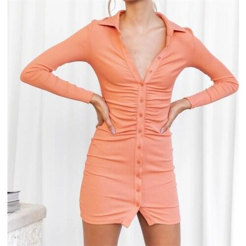 Women Shirt Dress Fashion Solid Color Turn-Down Collar Long Sleeve Ribbed Mini Dress for Early Autumn Brown/Black/Orange/Green