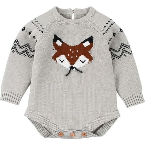 Baby Girl Boy Casual Knitted Sweater Infant Winter Cute Cartoon Fox Romper Buttons Pullover Sweaters for Toddler Girl Boy 0-12M