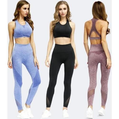 2PCS Mesh Seamless yoga set Sports Suits Womens Yoga Set High Waist GYM Fitness running Pants Top Sportswear Women Leggings+Bra