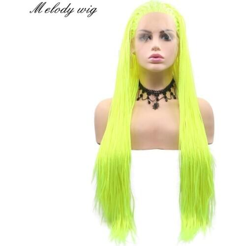 Melody Lace Front Synthetic Wigs Long Braided Box Braids Bright Green\Yellow for Women Natural Looking Drag Queen Cosplay Wear