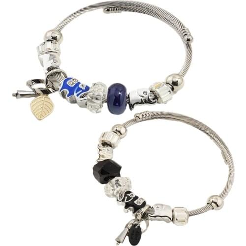 Blue Glaze Cute Elephant Charms Bangles for Women Men Adjustable Stainless Steel Bracelet Girls Leaf Pendant Beads Pulseras Gift