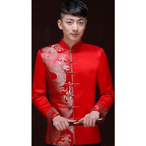 Traditional Chinese Clothing For Men Wedding Ancient Costume Dragon Cheongsam Tops Long Sleeve Chinese Tunic Suit Mens Clothes