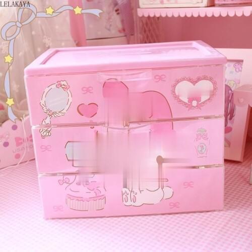 Anime toy Three-layer Drawer Storage Box Bins Home Beauty Case Action Figure Girls Cute Pink Cosmetic Boxes Pouch Makeup Basket