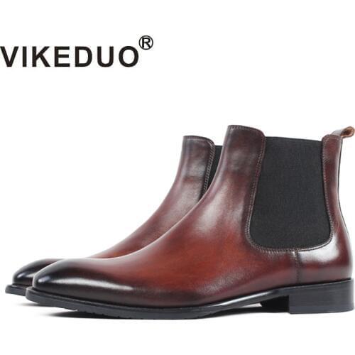 Vikeduo 2019 Vintage Winter Handmade Boots Classic Genuine Leather Slip-on Ankle Chelsea Boots Men Patina Bespoke Botas Hombre