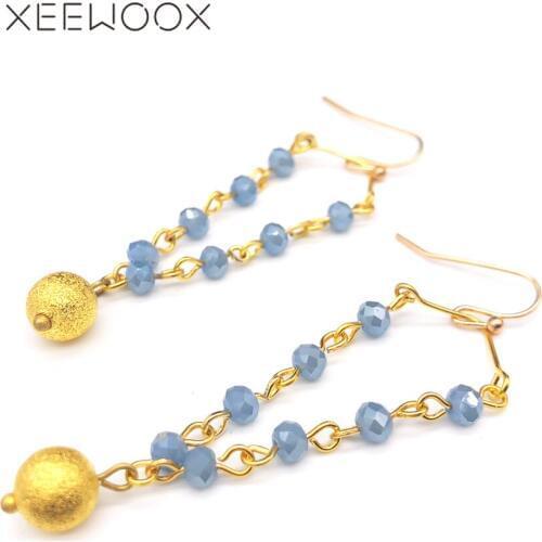 XEEWOOX Fashion Vintage Jewelry Gold Ball Long Natural Stone Ball Beads Water Droplets Tassel Dangle Earrings for Women Bohemian