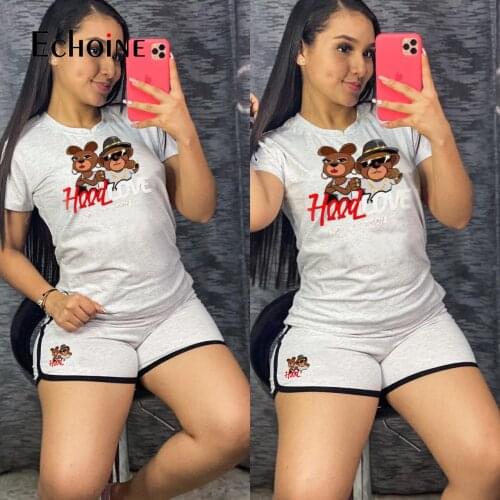 Echoine Casual Outfits Women Bear Cartoon Printed Short Sleeve T-shirt Tops Shorts Loose Two Piece Sports Set Streetwear Summer