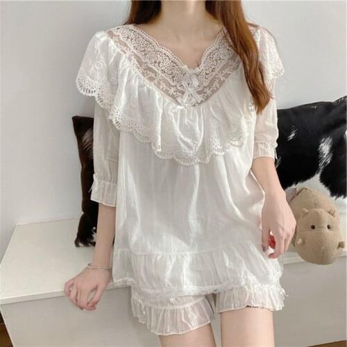 Womens Pajamas Summer Cotton Short-Sleeve Shorts Two-Piece Sleepwear Set Lace Ruffled Chic Casual Sweet Beauty Female Homewear