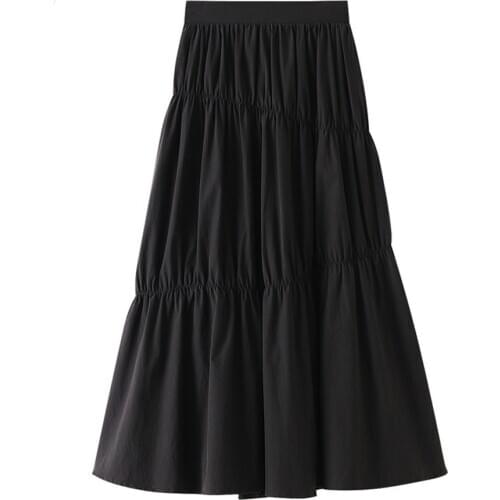 Women Summer Pleated Long Skirt VD1444 High Waist Black White Skirt Ladies Midi Skirts jupe longue