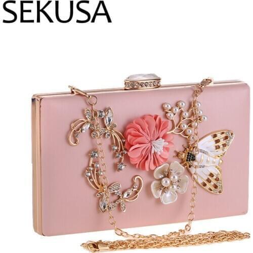 SEKUSA Flower beaded women evening bags animal metal hollow day clutches PU ladies handbags with chain purse