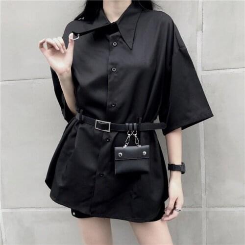 EACHIN Women Black Sexy Shirts Female Blouse Tops Half Sleeve Casual Turn-down Collar Streetwear Loose Blouses with Belt and Bag