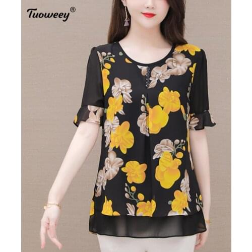 Female Flower Print Fashion button Loose Plus Size 5xl Shirt New Summer Middle Aaged Women Korean Chiffon O-Neck Blouse Tops