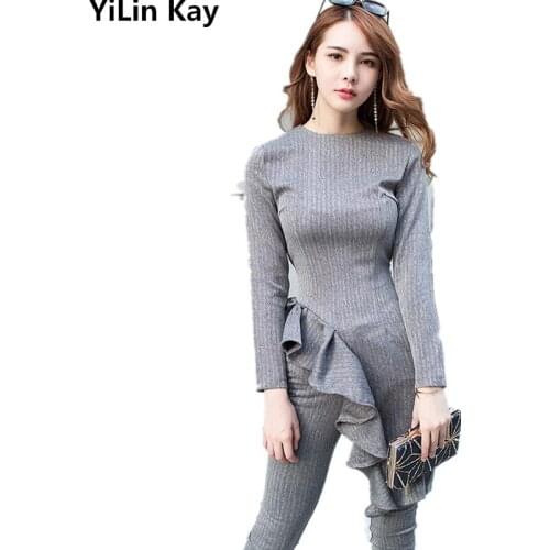 2020 Women Fashion Two Pieces Set Fashion Vintage ruffle irregular tops New Fashion Ladies Sexy Slimpants 2 piece set