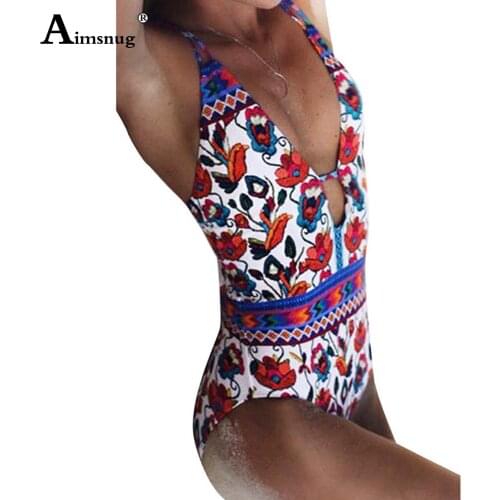 Women High Waist Swimwear One Piece Swimsuit Female Sexy V-neck Onesie Beachwear 2021 Summer Bohemian Flower Print Bathing Suits