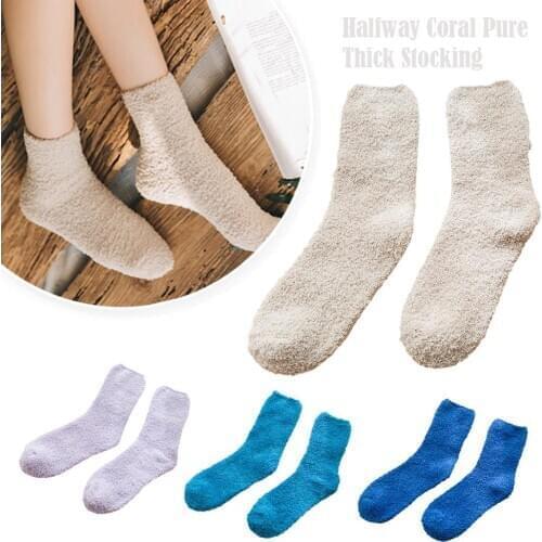 1 Pair Solid Color Soft Women Fluffy Socks Coral Velvet Winter Warm Home Indoor Floor Girls Fuzzy Socks