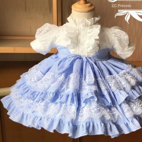 2020summer kids dresses for girls Spanish Custom VTG Plaid Tutu Girls Princess Dress Infant Cotton Short-Sleeved Lace Dress