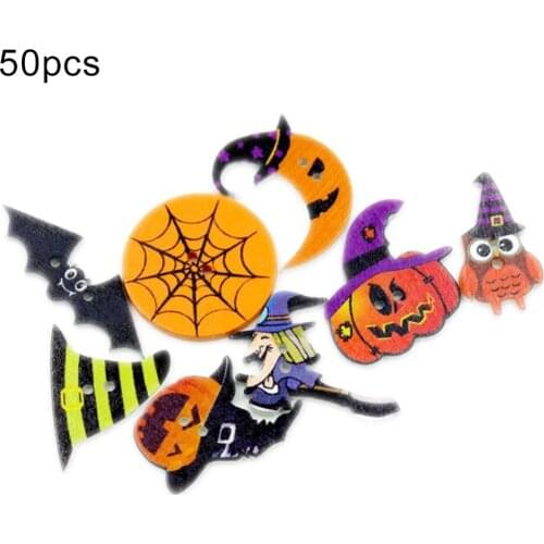 50Pcs Halloween Wizard Pumpkin Bat Wooden Button Clothing Bag Sewing Accessory Mixed colors diy Wooden buttons 23-42mm Children