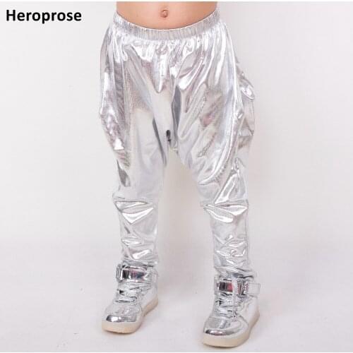 Heroprose 2018 Fashion personality big crotch trousers stage performance costumes harem street Silver hip hop skinny pants kids
