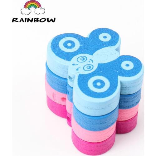 Mixed Colours Cartoon Butterfly Pattern Shape Wooden Material Spacer Beads For Children Jewelry Making DIY 20pcs 28x21mm