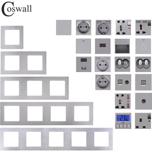 COSWALL S08 Silver Stainless Steel Panel Grey Wall Switch EU French Socket HDMI-compatible USB Charger TV Internet Module DIY