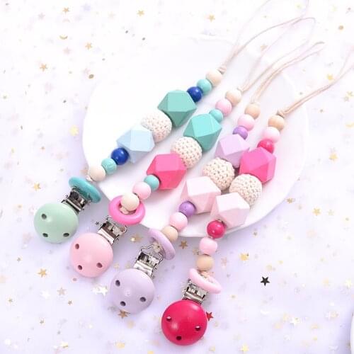 Baby Pacifier Clips Wood Teething Beads Wooden Dummy Pacifier Clip Holder Chain Safe Teethers Toy Pendent For Pacifier
