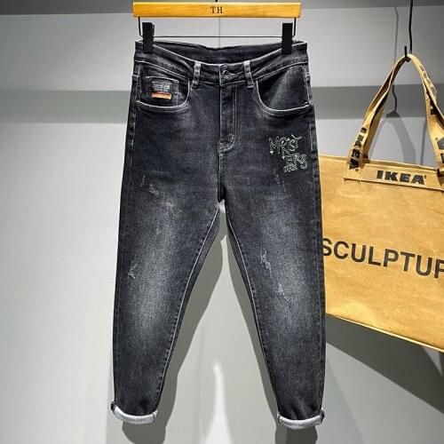 Stretch Jeans Men Clothing New Autumn Letter Embroidery Slim Wear and Tear Motorcycle calças jeans Denim Pants