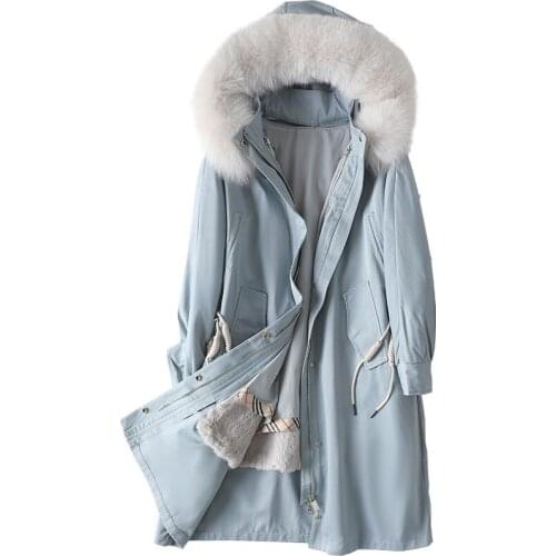 European Winter Parkas Coat Fox Fur Hoody Rabbit Lining Women Outerwear LF21025KQN