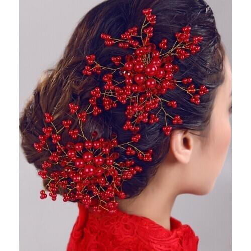 Chinese Bridal Hair Comb Red White Pearl Beads Wedding Hair Accessories Women Headpiece Girls Hair Vine Party Hair Jewelry