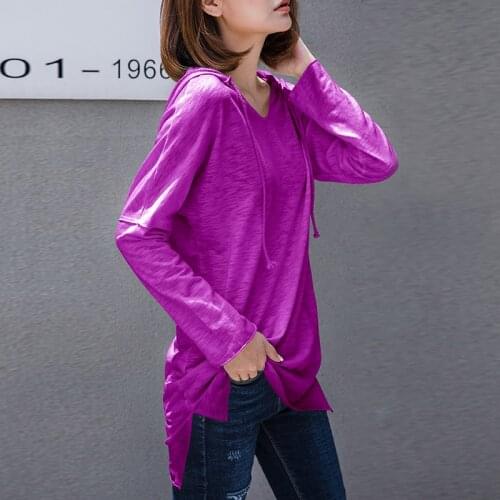 Cotton 100% Long Solid Women T-Shirts Summer Vintage Hooded Long-Sleeved Casual Female Loose Buttoming Pulls Tops Tees