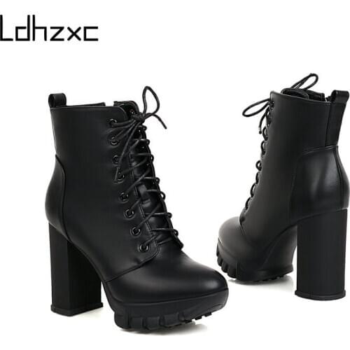 LDHZXC Sexy Ankle Boots Fashion Extreme High Heels Platform Boots Ladies Shoes Genuine Leather Black Buckle Women Boots