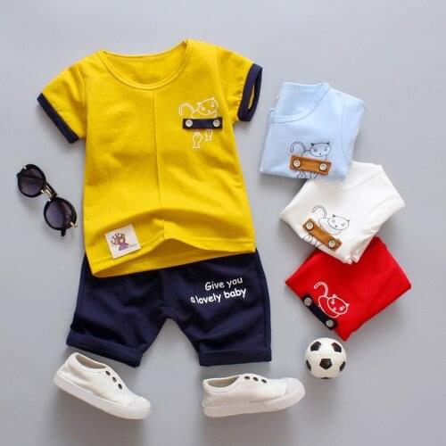 Summer Children Boy Suit Cartoon Printed Short Sleeve T-shirt Round Collar Casual Tops+Pants Toddler Infant Boy Outfits